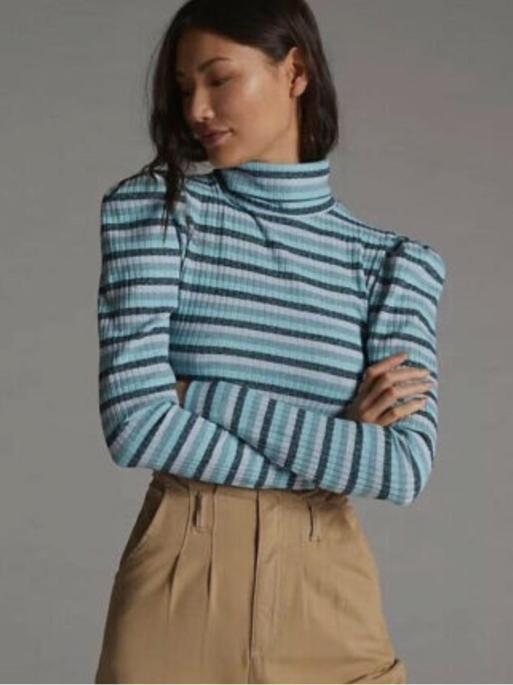 Maeve By Anthropologie Striped Puff Sleeve Turtleneck Shirt LG Feminine Coquette
